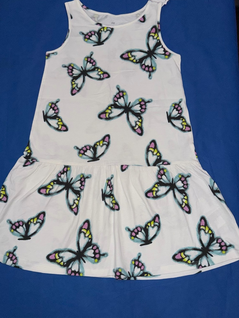 H&M White Butterfly Print Casual Dress with Pink & Yellow Accents
